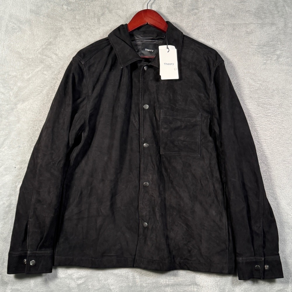 Theory Suede Leather Overshirt Mens L Black Reece SB Snap Front Jacket